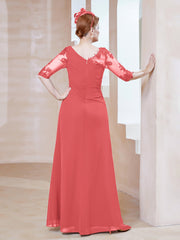 Robe en Mousseline à Manches Mi-longues et Décolleté Illusion avec Dentelle Pastèque