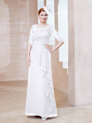 Robe en Mousseline à Manches Mi-longues et Décolleté Illusion avec Dentelle Blanc