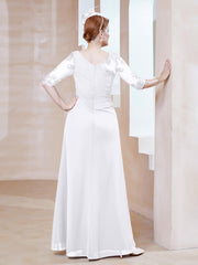 Robe en Mousseline à Manches Mi-longues et Décolleté Illusion avec Dentelle Blanc