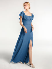Robe Longue en Mousseline à Encolure Carrée avec Fente sur le Devant Bleu Encre Grande Taille