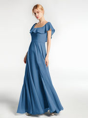 Robe Longue en Mousseline à Encolure Carrée avec Fente sur le Devant Bleu Encre Grande Taille