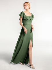 Robe Longue en Mousseline à Encolure Carrée avec Fente sur le Devant Olive Verte