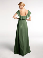 Robe Longue en Mousseline à Encolure Carrée avec Fente sur le Devant Olive Verte