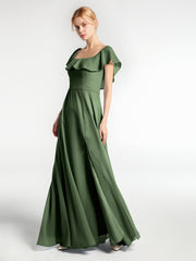 Robe Longue en Mousseline à Encolure Carrée avec Fente sur le Devant Olive Verte Grande Taille