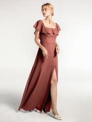 Robe Longue en Mousseline à Encolure Carrée avec Fente sur le Devant terracotta Grande Taille