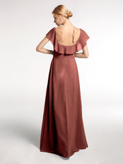 Robe Longue en Mousseline à Encolure Carrée avec Fente sur le Devant terracotta
