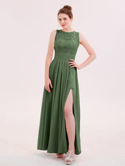 Robe Col d'Illusin Dentelle et Mousseline avec Fente Olive Verte