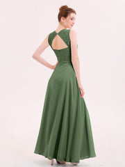 Robe Col d'Illusin Dentelle et Mousseline avec Fente Olive Verte Grande Taille