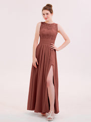 Robe Col d'Illusin Dentelle et Mousseline avec Fente terracotta