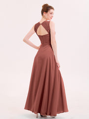 Robe Col d'Illusin Dentelle et Mousseline avec Fente terracotta