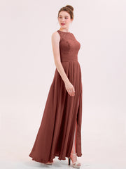 Robe Col d'Illusin Dentelle et Mousseline avec Fente terracotta