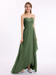 Robe Longue avec Perlée Sans Bretelles Col en Cœur Olive Verte