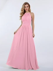Licou Mousseline Maxi Robe Demoiselle d'Honneur Rose Bonbon