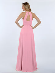 Licou Mousseline Maxi Robe Demoiselle d'Honneur Rose Bonbon