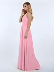 Licou Mousseline Maxi Robe Demoiselle d'Honneur Rose Bonbon