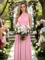 Licou Mousseline Maxi Robe Demoiselle d'Honneur Rose Bonbon