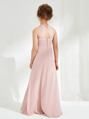 Robes de Demoiselle d'Honneur Junior en Mousseline à Col Licou Rose Poudré