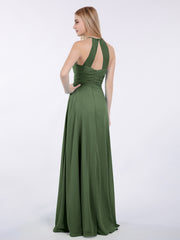 Licou Mousseline Maxi Robe Demoiselle d'Honneur Olive Verte