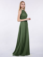 Licou Mousseline Maxi Robe Demoiselle d'Honneur Olive Verte