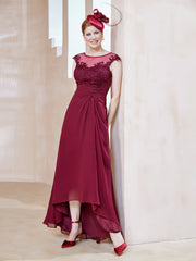 Robe en Mousseline à Encolure Illusion avec Dentelle Bordeaux