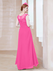 Robe en Mousseline à Encolure Illusion avec Dentelle Azalée