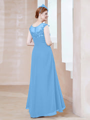 Robe en Mousseline à Encolure Illusion avec Dentelle Bleu Grande Taille