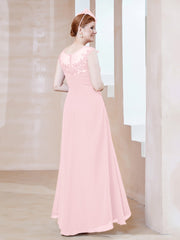 Robe en Mousseline à Encolure Illusion avec Dentelle Rose Pâle Grande Taille