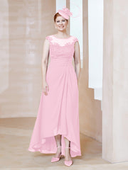 Robe en Mousseline à Encolure Illusion avec Dentelle Rose Bonbon