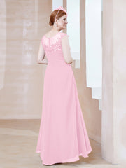 Robe en Mousseline à Encolure Illusion avec Dentelle Rose Bonbon
