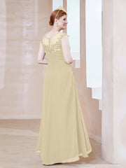 Robe en Mousseline à Encolure Illusion avec Dentelle Champagne Grande Taille