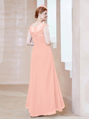 Robe en Mousseline à Encolure Illusion avec Dentelle Corail