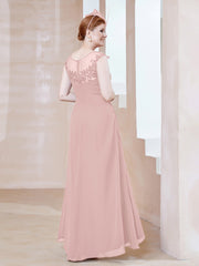 Robe en Mousseline à Encolure Illusion avec Dentelle Rose Poudré