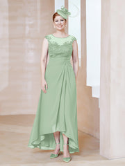 Robe en Mousseline à Encolure Illusion avec Dentelle Sauge Poudrée