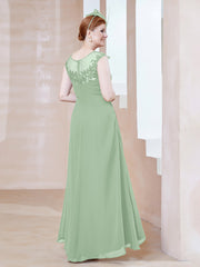 Robe en Mousseline à Encolure Illusion avec Dentelle Sauge Poudrée Grande Taille