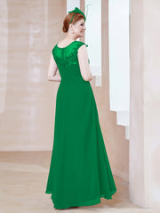 Robe en Mousseline à Encolure Illusion avec Dentelle Emeraude