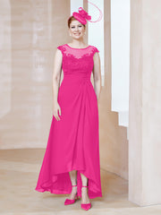 Robe en Mousseline à Encolure Illusion avec Dentelle Fuchsia