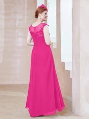 Robe en Mousseline à Encolure Illusion avec Dentelle Fuchsia