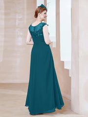 Robe en Mousseline à Encolure Illusion avec Dentelle Bleu Encre