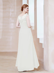 Robe en Mousseline à Encolure Illusion avec Dentelle Ivoire