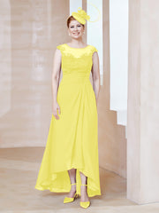 Robe en Mousseline à Encolure Illusion avec Dentelle Citron