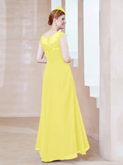 Robe en Mousseline à Encolure Illusion avec Dentelle Citron