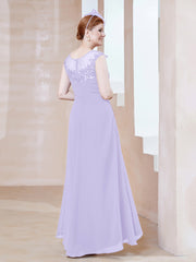 Robe en Mousseline à Encolure Illusion avec Dentelle Lilas