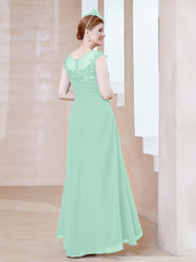 Robe en Mousseline à Encolure Illusion avec Dentelle Vert Menthe