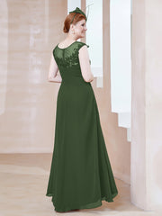 Robe en Mousseline à Encolure Illusion avec Dentelle Olive Verte