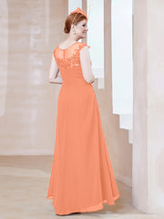 Robe en Mousseline à Encolure Illusion avec Dentelle Papaye
