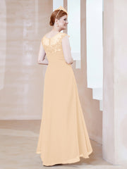 Robe en Mousseline à Encolure Illusion avec Dentelle Pêche