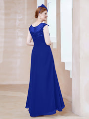 Robe en Mousseline à Encolure Illusion avec Dentelle Bleu Royale