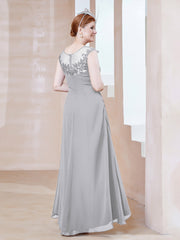 Robe en Mousseline à Encolure Illusion avec Dentelle Argent Grande Taille