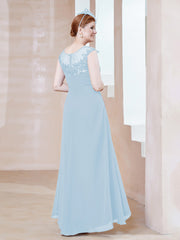 Robe en Mousseline à Encolure Illusion avec Dentelle Bleu Ciel