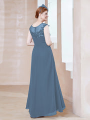 Robe en Mousseline à Encolure Illusion avec Dentelle Bleu de Schiste Grande Taille